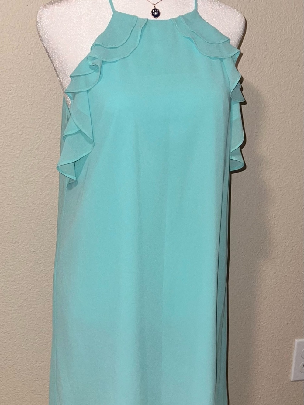 Naked Zebra Aqua Halter Midi Dress with Ruffle Accents